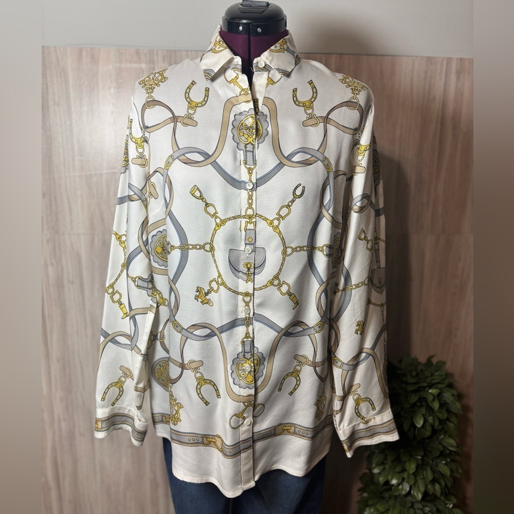 J. McLaughlin Silk Blend Equestrian Chain Print Button Up Blouse